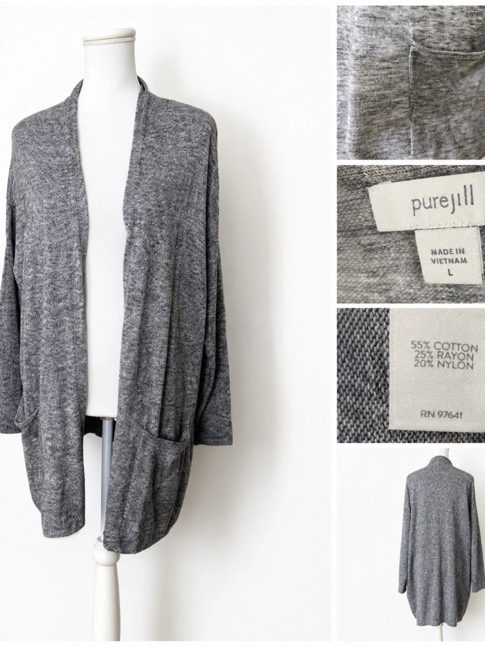 Pure J. Jill Long Open Front Cardigan Sweater Gray Size L Cotton Blend Oversized